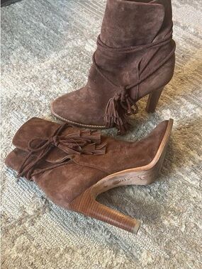 Joie Brown Suede Tassel Heel Booties